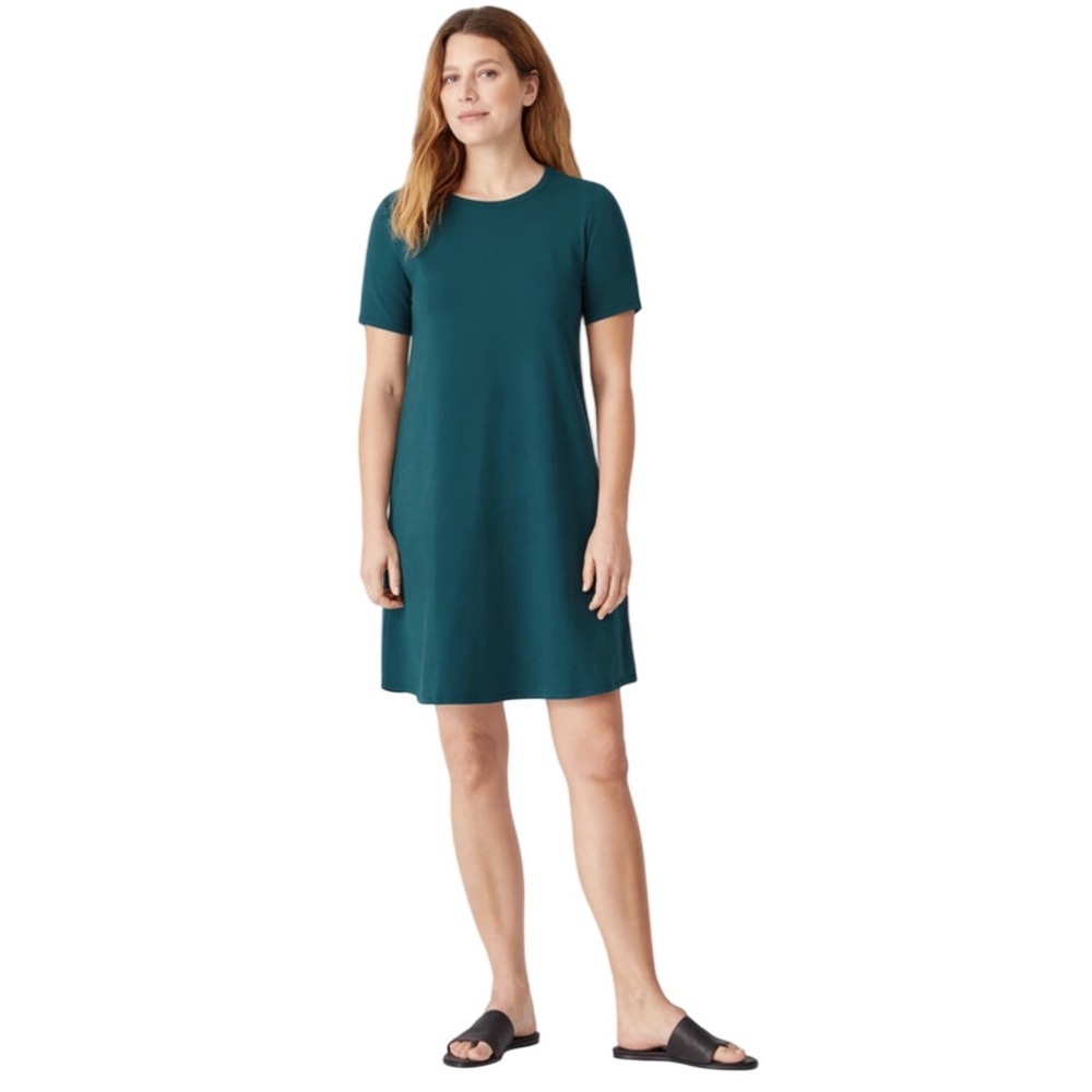 Eileen Fisher Traceable Organic Cotton Jersey Crew Neck Dress Teal Size S